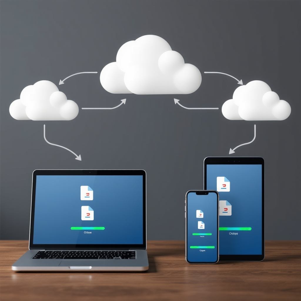 Moderne cloud storage interface met meerdere apparaten die bestanden synchroniseren, inclusief laptop, tablet en smartphone met synchronisatie-iconen en voortgangsbalken