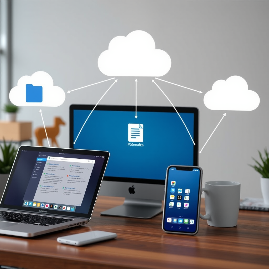 Modern workspace showing multiple devices - laptop, tablet, and smartphone - displaying synchronized files and documents with cloud connectivity icons floating between them