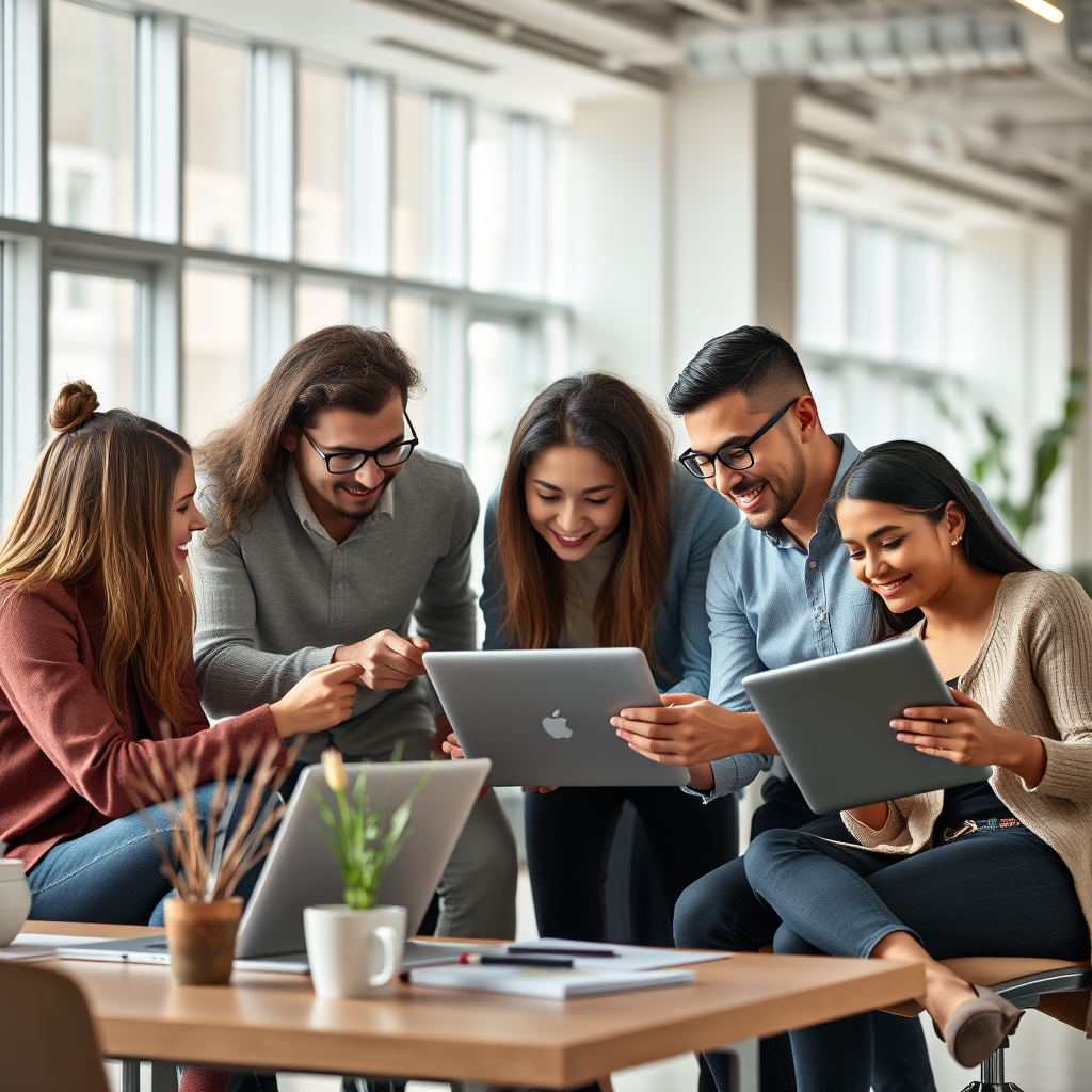 Diverse team van professionals die samenwerken aan een project op moderne laptops en tablets in een lichte, moderne kantooromgeving met grote ramen