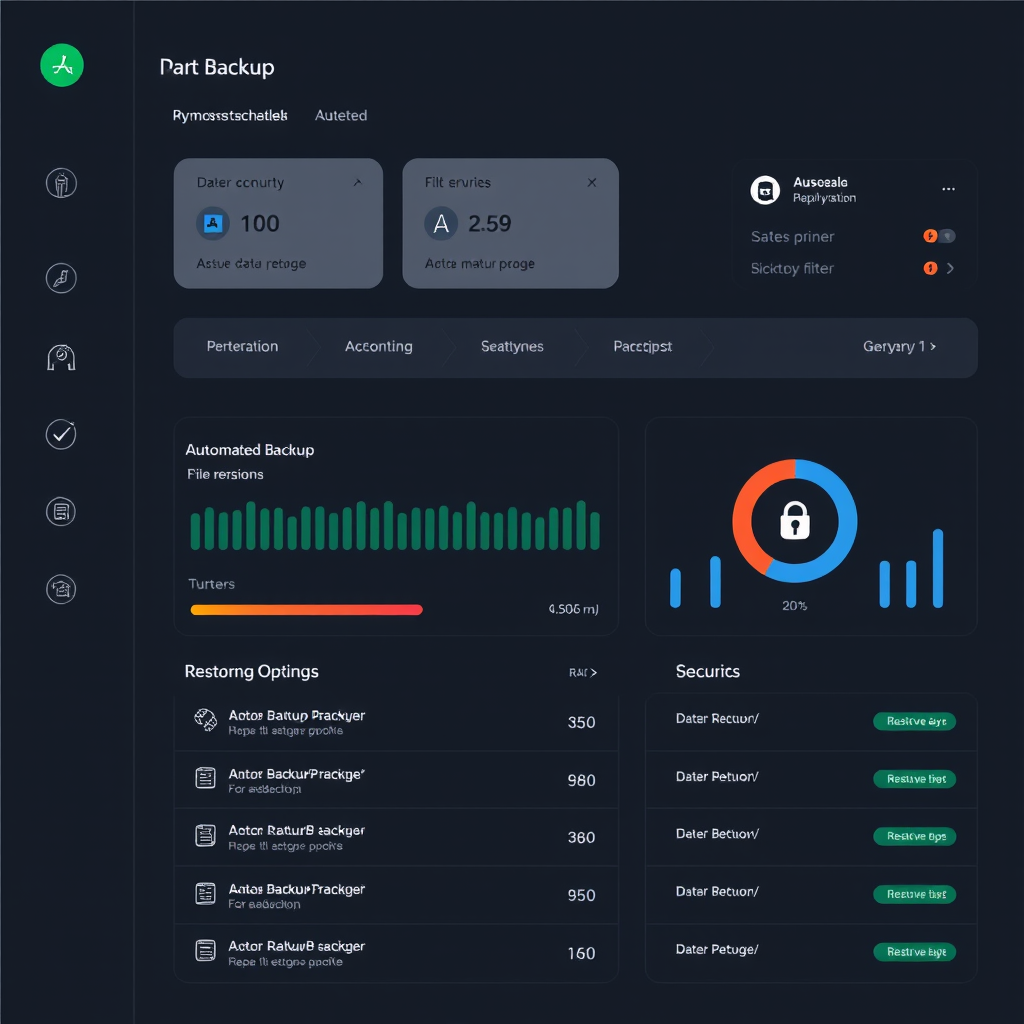 Modern data backup dashboard showing automated backup schedules, file versioning, and restore options with progress indicators and security status