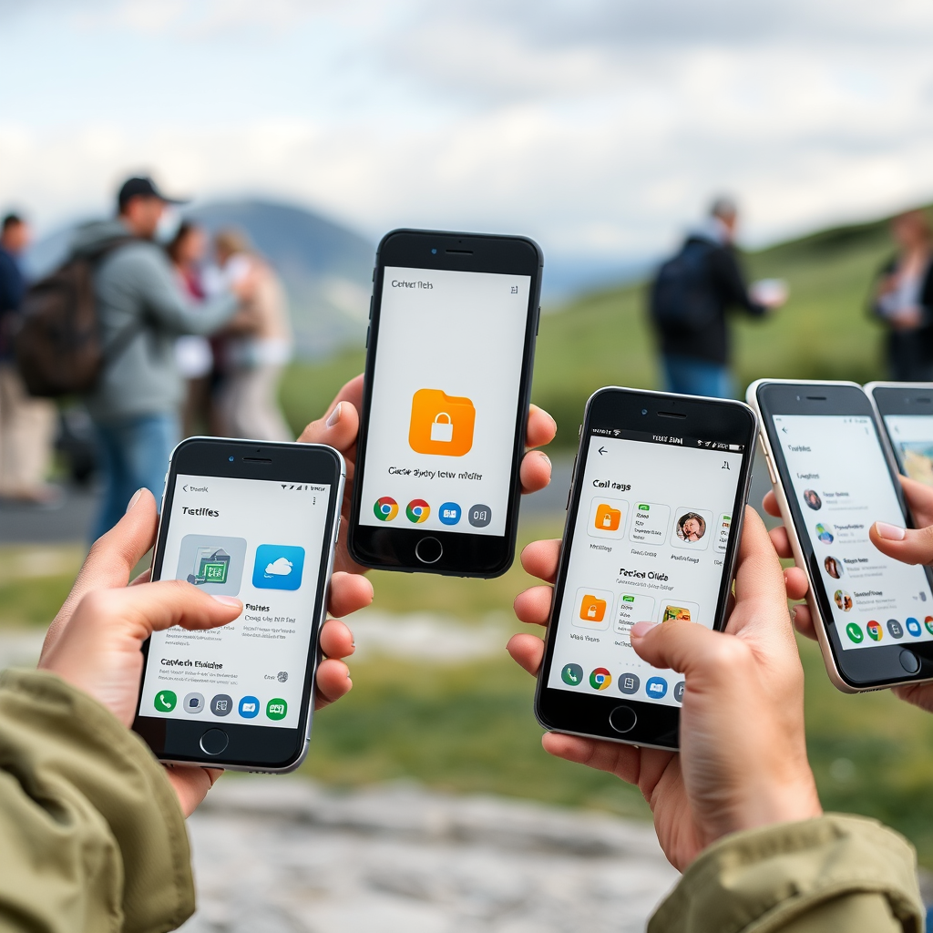 Mobiele applicaties van Abniusk-Tesch cloudopslag op verschillende smartphones en tablets, met gebruikers die bestanden uploaden en beheren onderweg