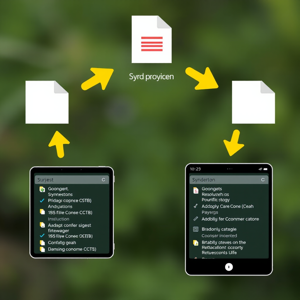 Visualisatie van bestandssynchronisatie tussen verschillende apparaten met pijlen die dataflow tonen en conflict resolution interface elementen