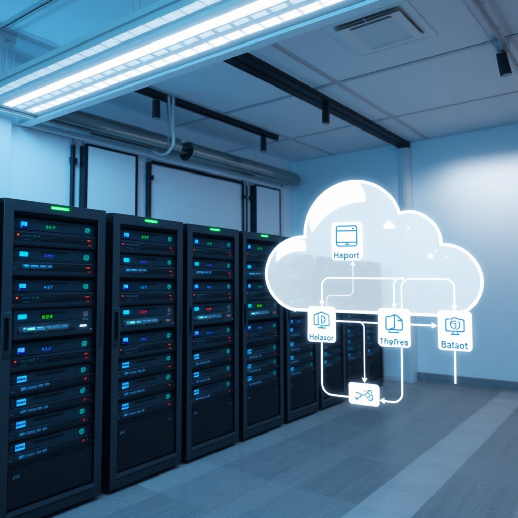 Modern server room with automated backup systems, showing multiple storage devices connected to cloud infrastructure with data flow visualization, representing comprehensive automated backup solutions for small businesses