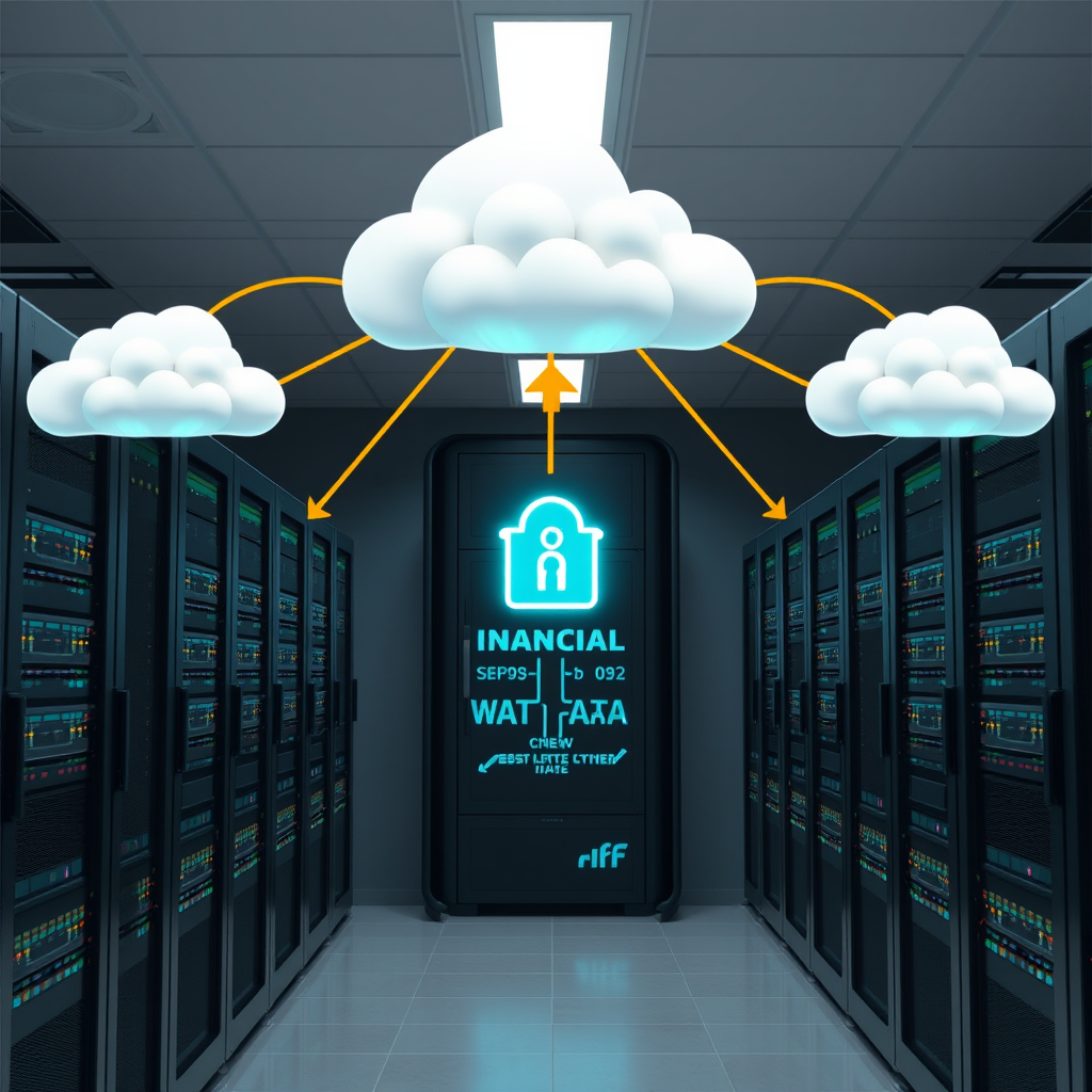 Modern financial data center with servers and cloud infrastructure showing secure data migration process