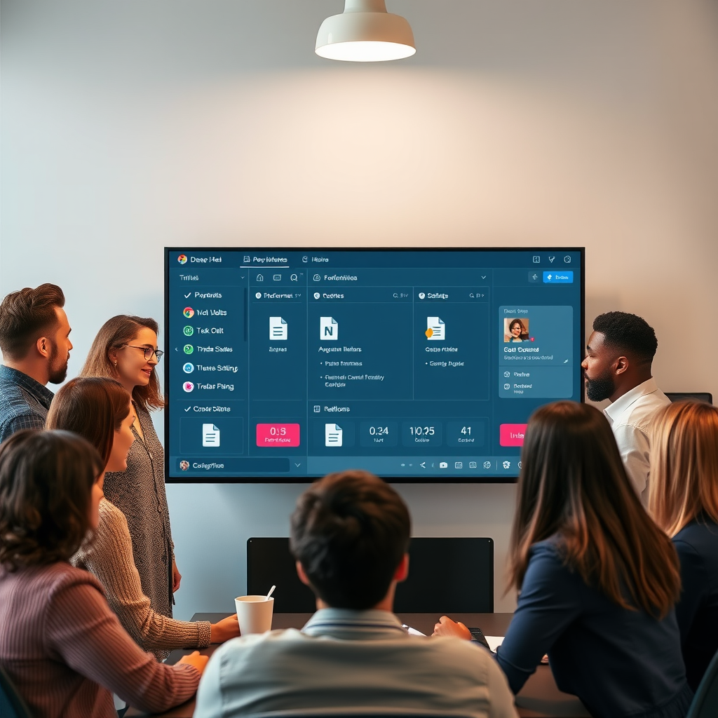Diverse team of professionals collaborating around a large screen displaying shared documents and folders with permission settings and real-time editing indicators