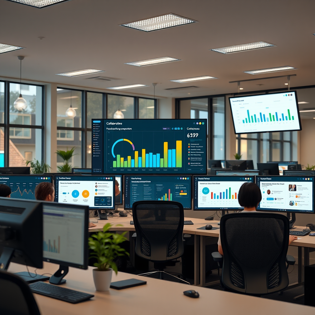 Moderne kantooromgeving met meerdere schermen die samenwerkingstools tonen, met grafieken van productiviteitsverbetering en teamcommunicatie