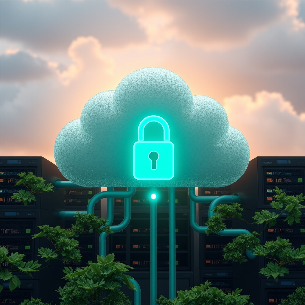 Secure cloud backup infrastructure with multiple data centers, encryption layers, and redundant storage systems ensuring maximum data protection