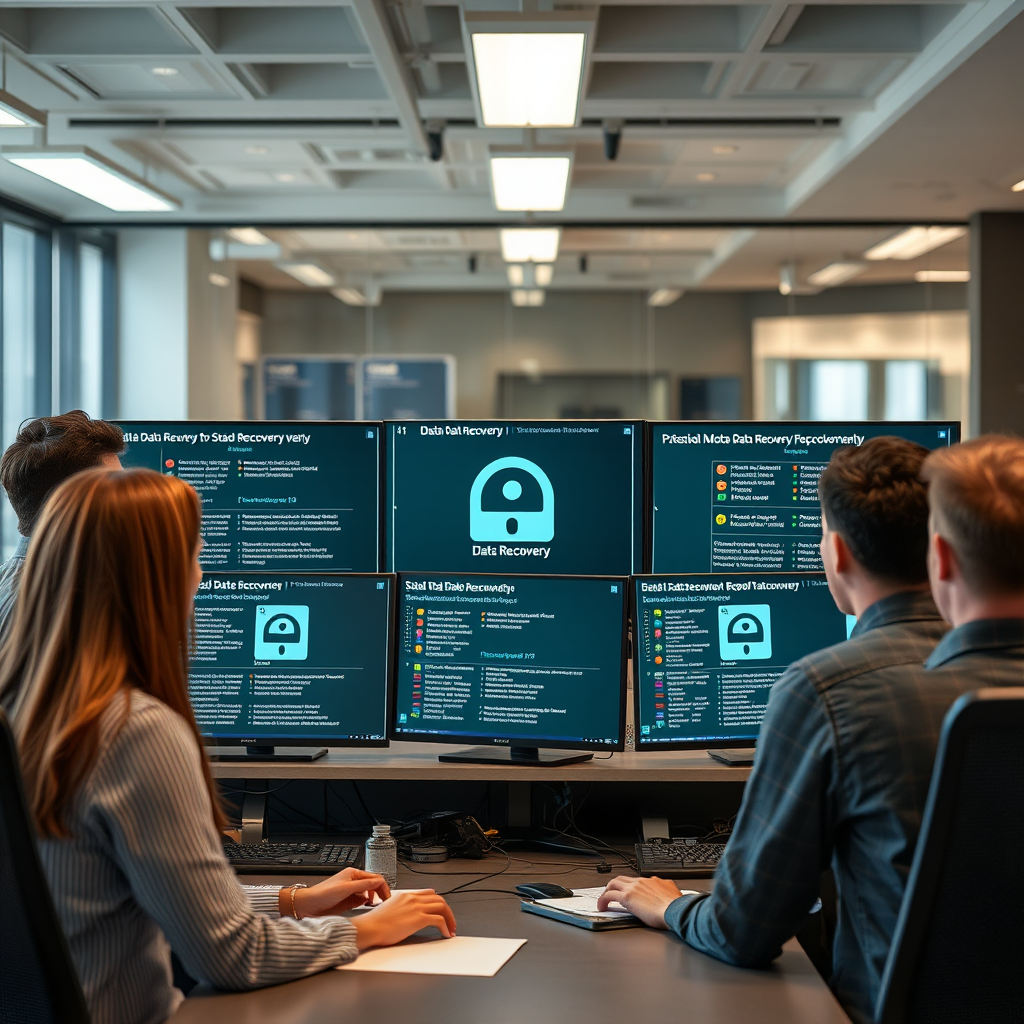 Professional IT team in modern office environment demonstrating data recovery procedures on multiple screens, showing step-by-step recovery process with various backup sources and restoration timelines