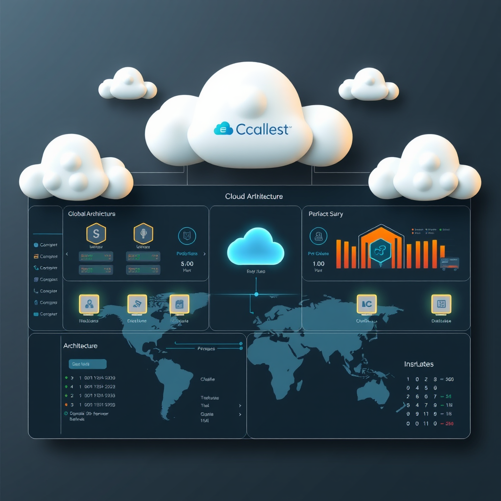 Modern e-commerce cloud infrastructure dashboard showing scalable architecture with multiple servers and global distribution network