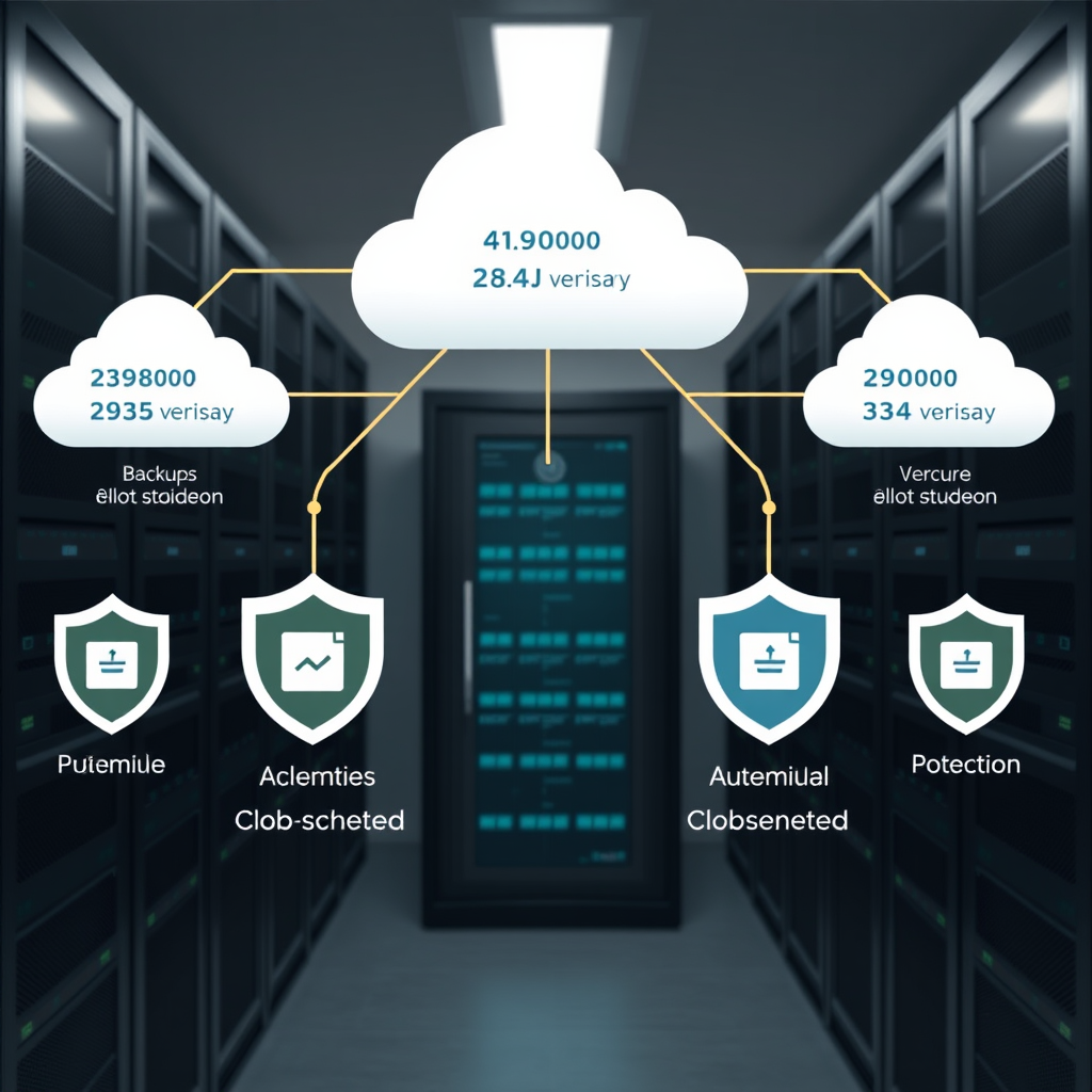 Secure data center with servers and cloud backup visualization showing automated backup schedules, version history, and data protection shields