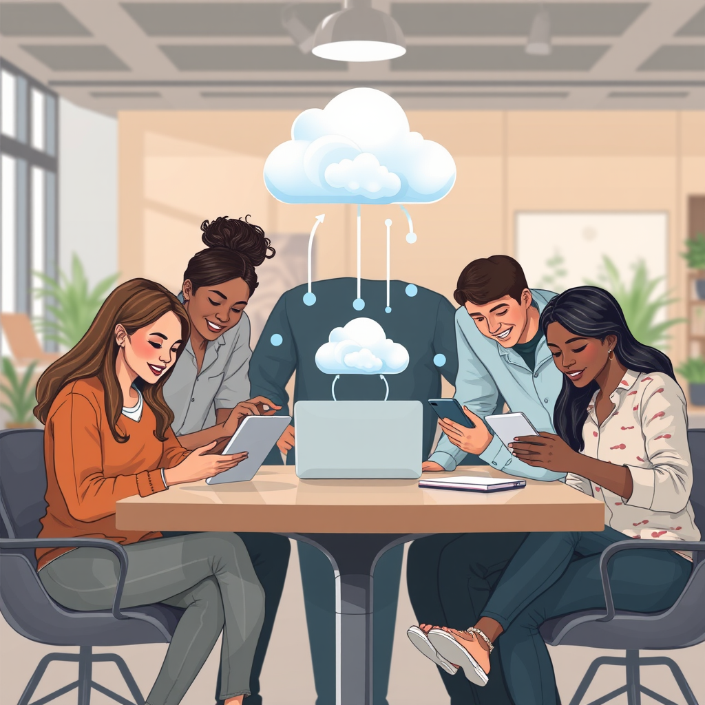 Illustratie van een divers team dat samenwerkt met cloud storage technologie op laptops, tablets en smartphones in een moderne werkruimte