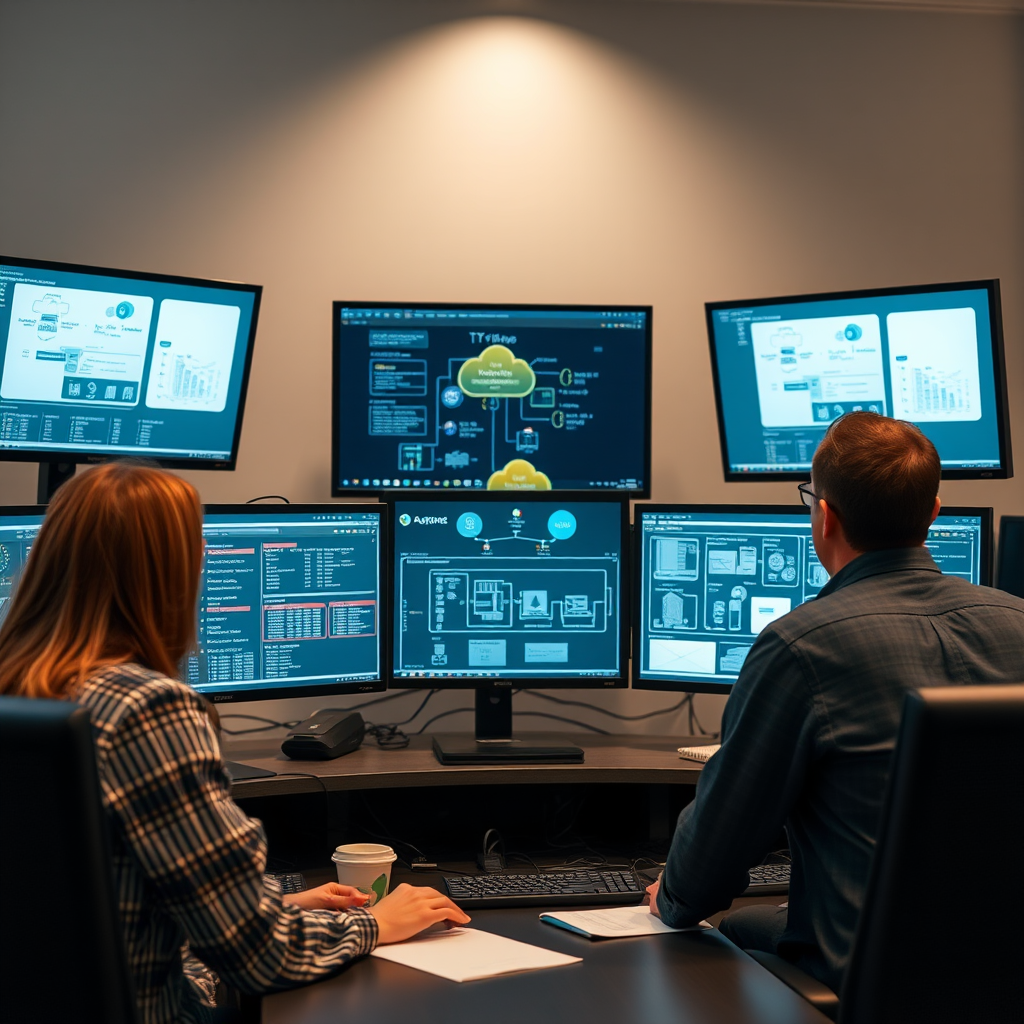 IT team analyzing cloud migration challenges on multiple monitors showing data flow diagrams and system architecture