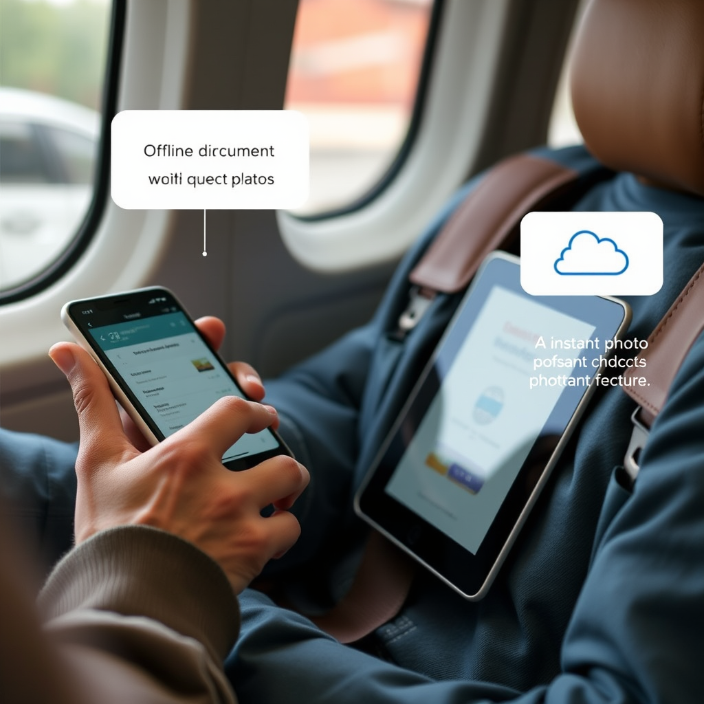 Person using smartphone and tablet to access cloud storage while traveling, with offline document viewing and instant photo upload features highlighted