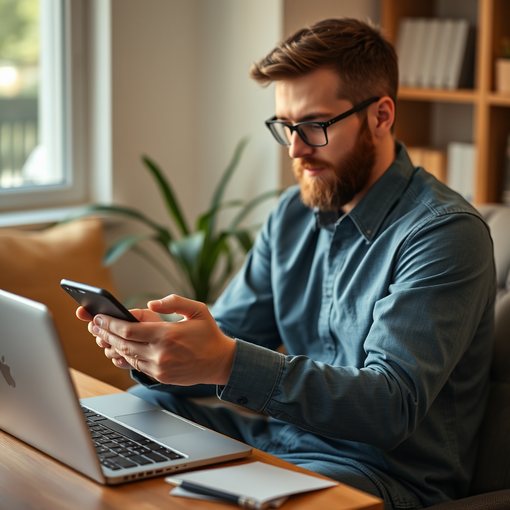 Thuiswerker die bestanden synchroniseert tussen laptop en smartphone