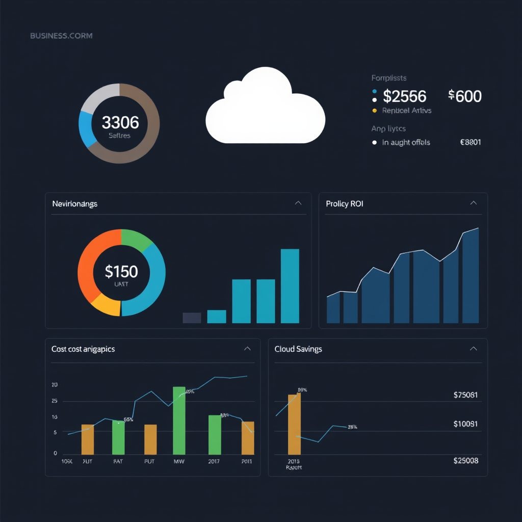 Business analytics dashboard showing positive ROI metrics and cost savings from cloud migration