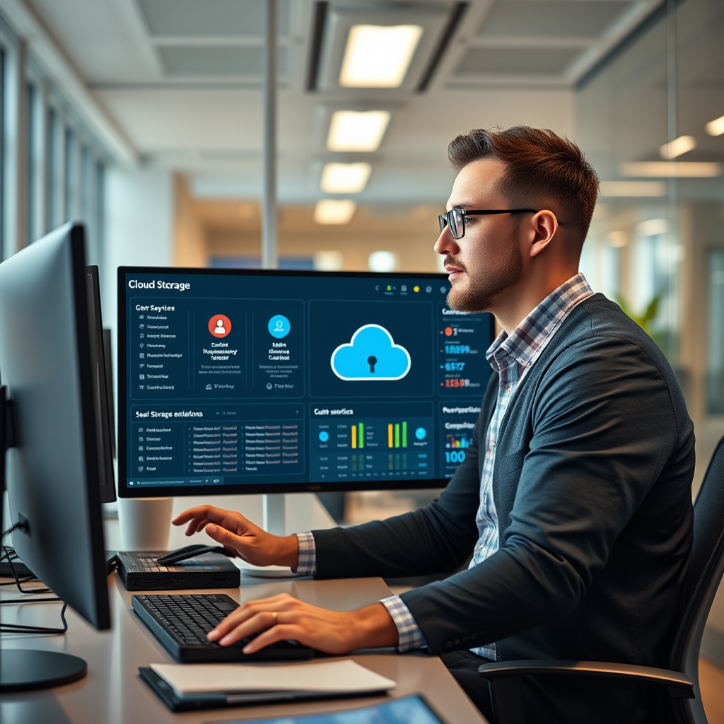 Modern corporate office with IT administrator managing enterprise cloud storage dashboard showing security controls, user management, and scalable storage solutions