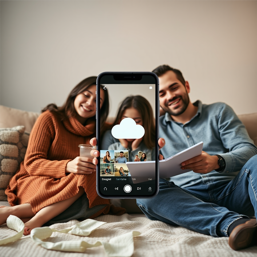 Familie die foto's en documenten deelt via mobiele cloudopslag app