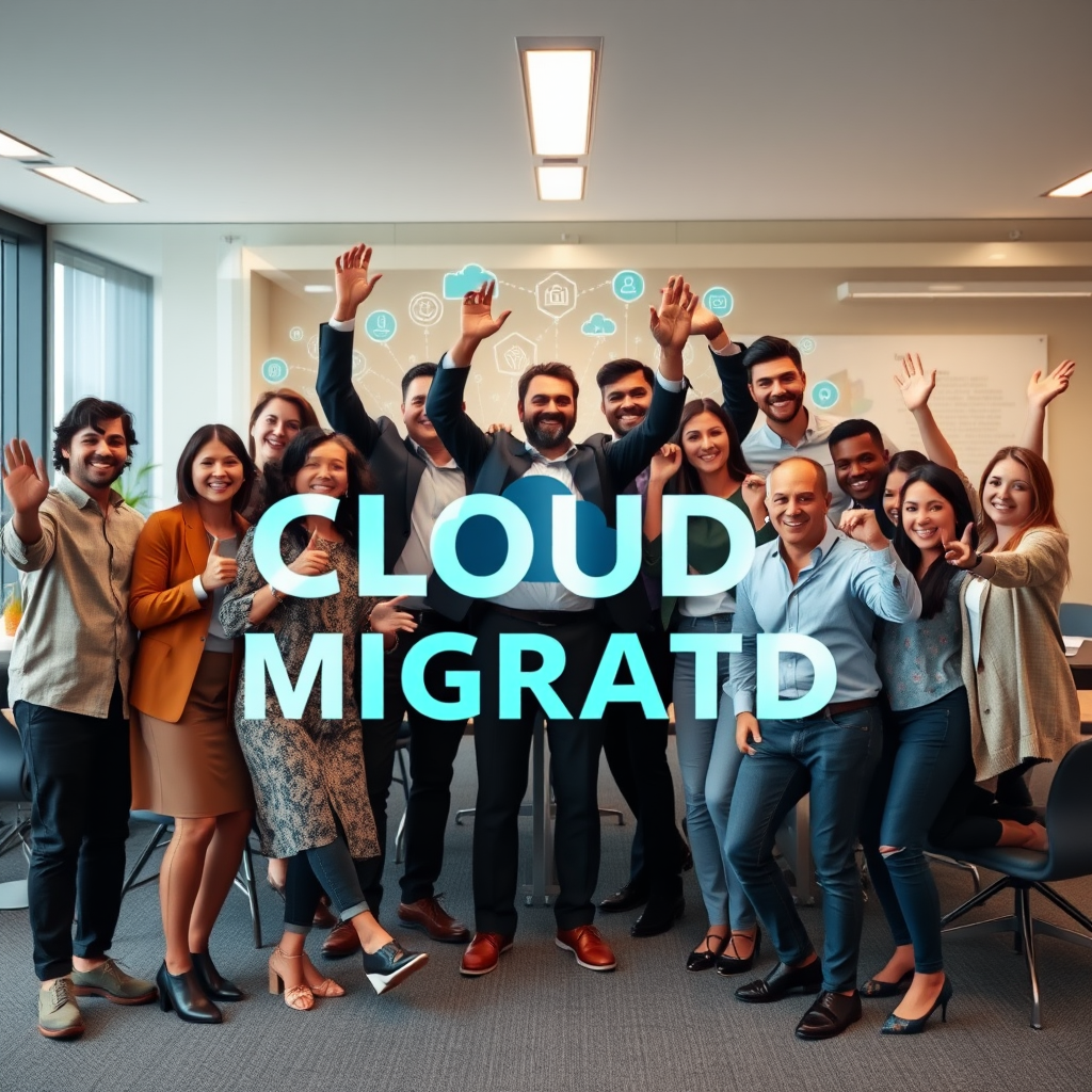 Diverse business team celebrating successful cloud migration project in modern office with digital transformation graphics in background