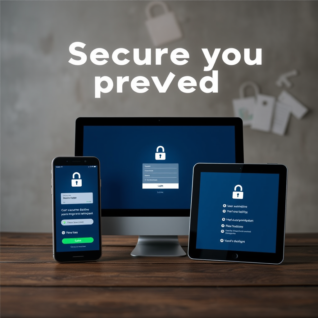 Secure login interface on multiple devices showing user authentication, account management, and platform access with security features highlighted