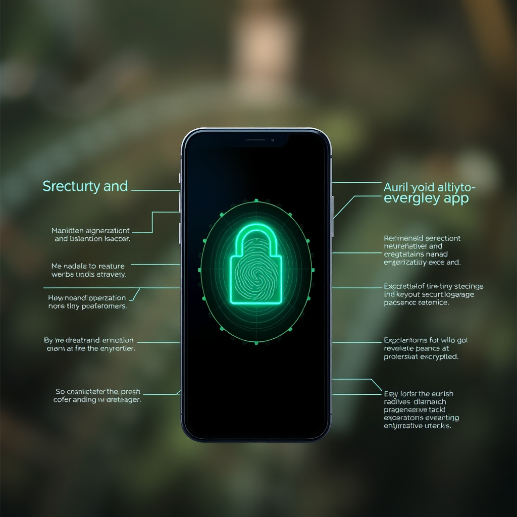 Beveiligingsfeatures van mobiele app met biometrische authenticatie en encryptie visualisatie